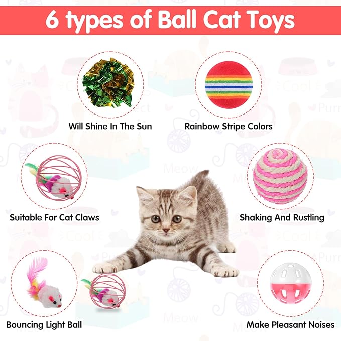 80 Pcs Cat Toys Bulk Kitten Toys Pack with Caged Rat Ball, Colorful Mice, Crinkle Balls, Rainbow Ball, Sisal & Bell Balls, Interactive Variety for Indoor Cats