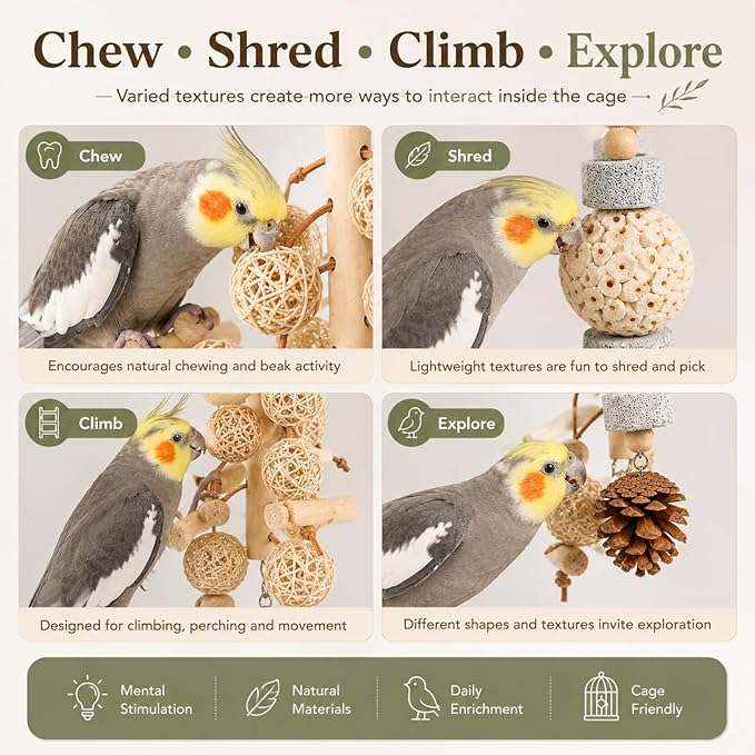 2-Pack Natural Bird Toy Set for Small to Medium Birds, Rattan Ball & Sola Hanging Toys with Pumice Stone, Enrichment Cage Accessories for Cockatiels, Budgies, Conures, Lovebirds