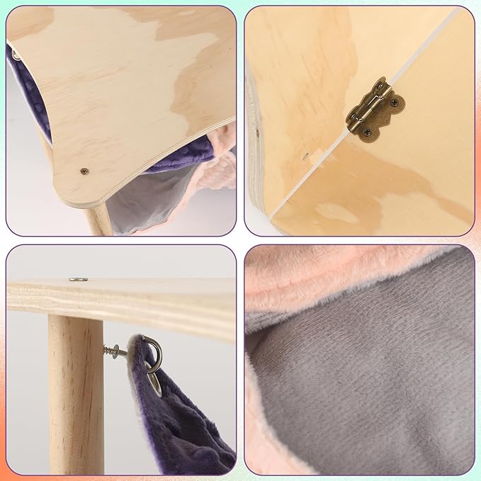 Guinea Pig Hammock,Double Ferret Rat Hammock with Stand,2PCS Hanging Soft Small Animal Toys Sleeping Bed with Durable Wooden Stand for Chinchilla Bunny Hiding and Playing