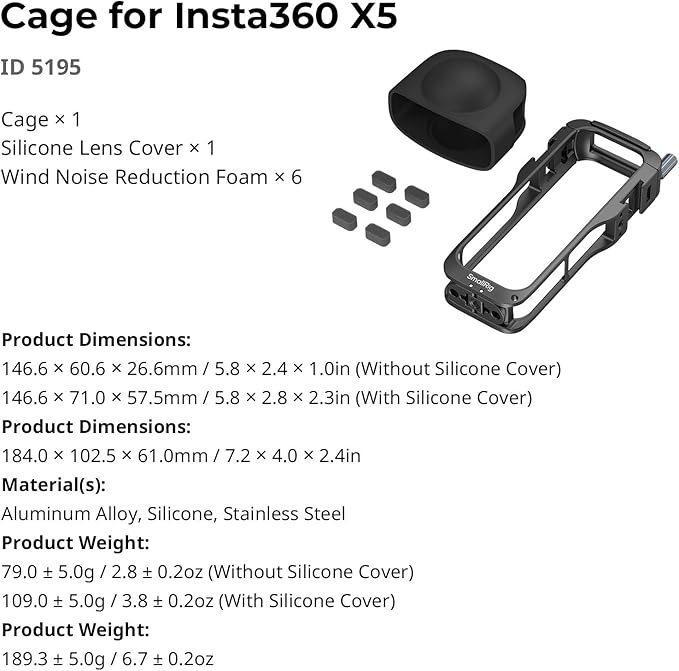 SMALLRIG Cage for Insta360 X5 Accessories, Aluminum Alloy Protective Case for Insta360 x5 with Quick Release, Built-in Cold Shoe Mounts & 1/4" Threads, with Silicone Lens Guard Cap - 5195