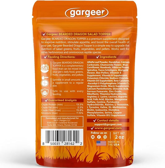 Gargeer 2oz Bearded Dragon Food Supplement, Flower Salad Mix Topper. Supercharge Juveniles & Adults Appetite, Health & Immune System. Complete Diet, Rich with Vitamins, Made in The USA. Enjoy!