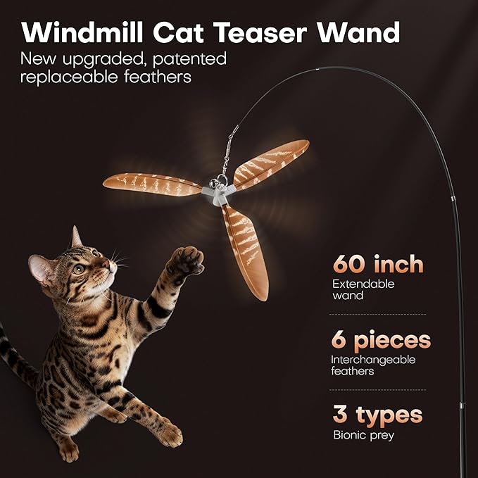 Potaroma Carbon Fiber Cat Wand Toy – Lightweight Retractable Interactive Feather Teaser Stick with 6 Detachable Feathers, Indoor Kitten Fishing Pole Toy with Bells, Durable Enrichment Fun
