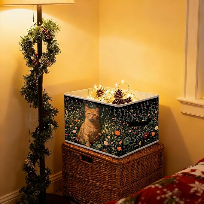 Dark Green Wildflower Orange Cat Storage Bins, Cottagecore Floral Botanical Cat Foldable Closet Organizers Storage Basket Toybox for Clothes Bed Sheets Blankets Toys