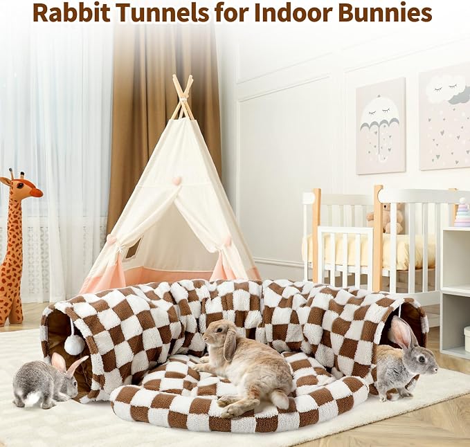 BWOGUE Bunny Tunnel Bed, 2-in-1 Collapsible Tunnel Tubes Toys with Removable Mat Hideout for Cats Kittens Rabbits Guinea Pigs Kitty (Brown Checks)