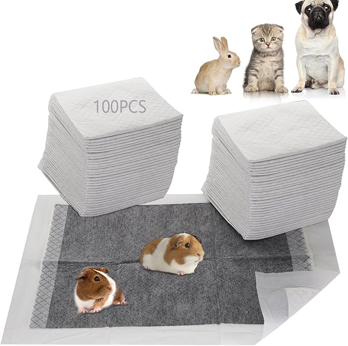 Guinea Pig Pee Pads, Disposable Rabbit Cage Liners, Charcoal Odor Controlling Absorbent Waterproof Pee Pads for Hamster, Bunny, Ferret, Chinchilla and Other Small Animals (18" x 13", 100 PCS)