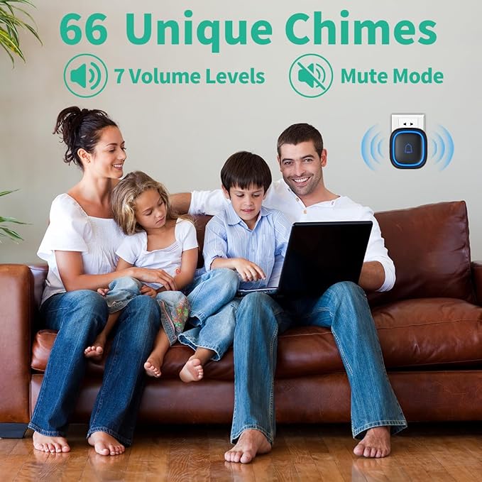 Wireless Doorbell Kits with 2 Receivers IP66 Waterproof 1000ft Range Door Bell for Classroom Teachers with 66 Ringtones 7 Levels Volume 115dB and LED Flash Memory Function Doorbell Chime for Home