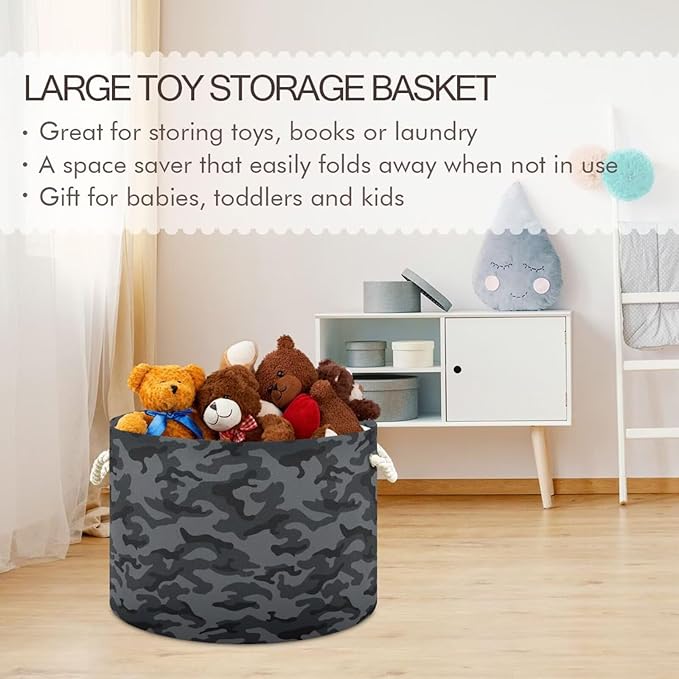 Black Gray Camo Print Round Storage Basket Military Camouflage Large Laundry Hamper 20 x 20 x 14 Inches Organizer Bin with Handles Clothes Storage Bag for Nursery Bedroom Living Room Decor