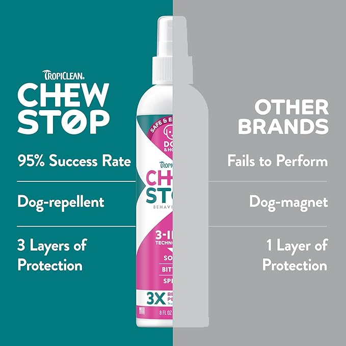 TropiClean No Chew Spray for Dogs, Better Than Bitter Apple Spray, Safe & Natural Chew + Lick Deterrent, Protect Home, Hot Spots & More! 8oz
