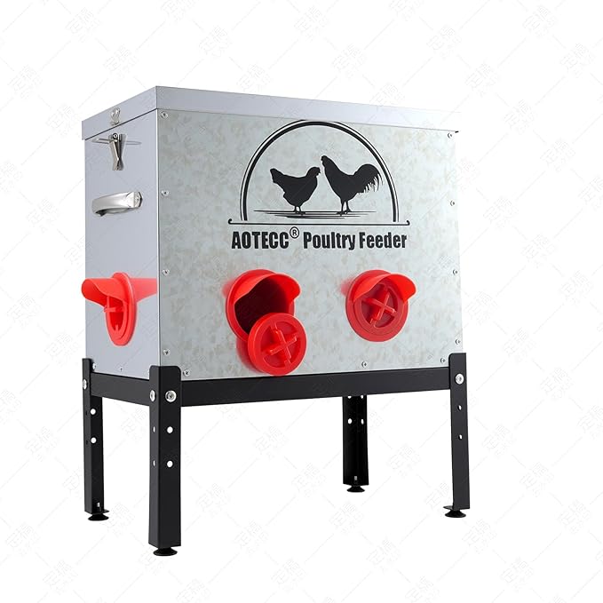 Metal Chicken Feeder, 40lb Automatic Chicken Feeder - 6 Feeding Ports, No Waste Poultry Feeder with Lid & Adjustable Legs for Chicken Coops, Weatherproof
