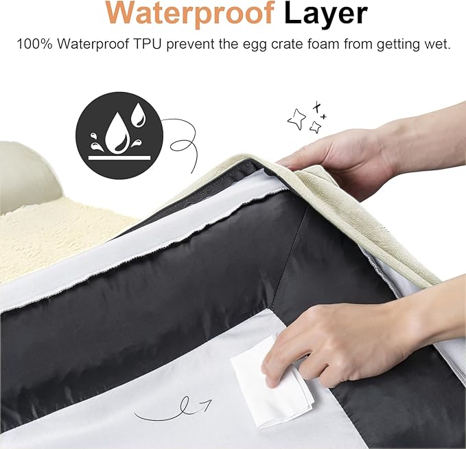 NANUYA Orthopedic Dog Bed for Large Dogs, 38 x 25 Inch, Beige | Egg crate foam for joint support, 3-sided bolster pet sofa, waterproof lining, washable cover, and non-skid base