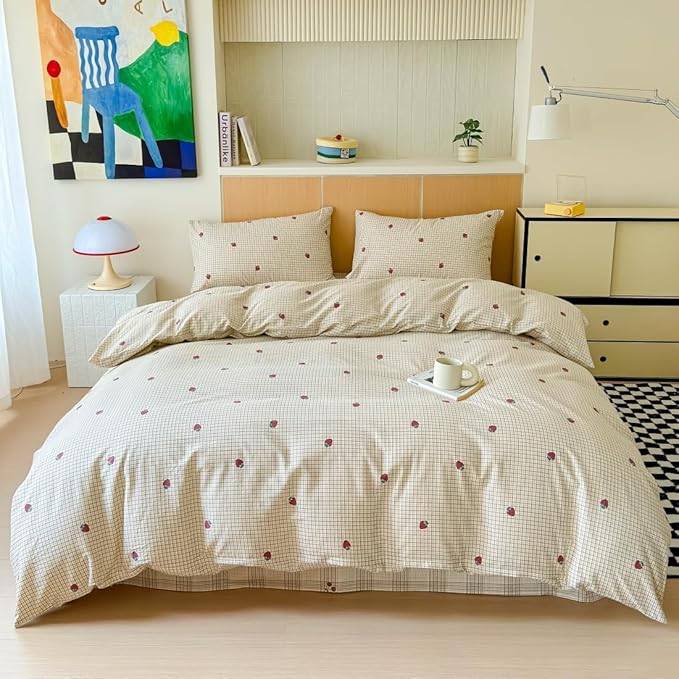 BlueBlue Strawberry Duvet Cover Set Twin 100% Cotton Bedding for Kids Boys Girls Teens Red Strawberry Grid Plaid on Cream White 1 Cartoon Fruit Comforter Cover 2 Pillowcases (Twin)