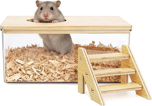 Coloch Hamster Sand Bath Box with Wood Cover, Rectangle Clear Hamster Digging Sand Container with Climbing Ladder Multifunctional Plastic Guinea Pig Bathroom for Small Animals