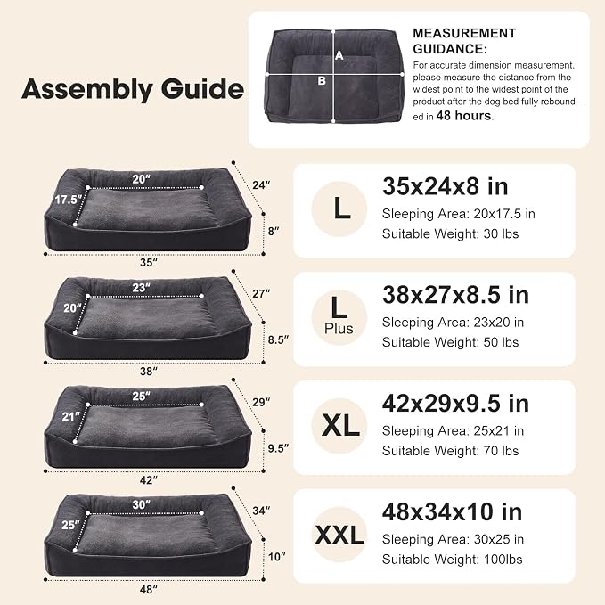 FURTIME XXL Orthopedic Dog Beds Large Sized Dog, Extra Thick Supportive Comfort Pet Sofa, Ergonomic Slant Dog Couch Bed with Removable Washable Cover, Ultra Soft Surface & Non-Slip Bottom, Grey, 48"