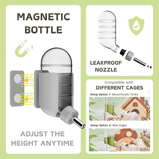 Magnetic Hamsters Feeding Set Freestanding Water Bottle Food Bowl for Glass Tanks, Suitable for Syrian Dwarf Hamsters Gerbils Mice Rats Degus (Gray, Magnetic-Mounted)