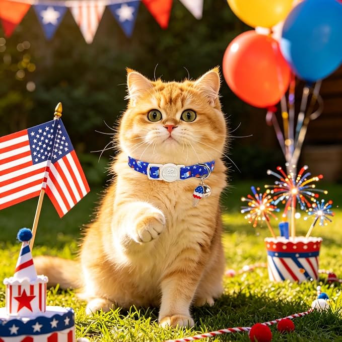 2 Pack 4th of July Cat Collars - Blue Stars & Stripes and Patriotic Popsicle Breakaway Cat Collars, Adjustable Soft Boy Girl Kitten Collar for Small Dogs Puppy with Bell & Pendant