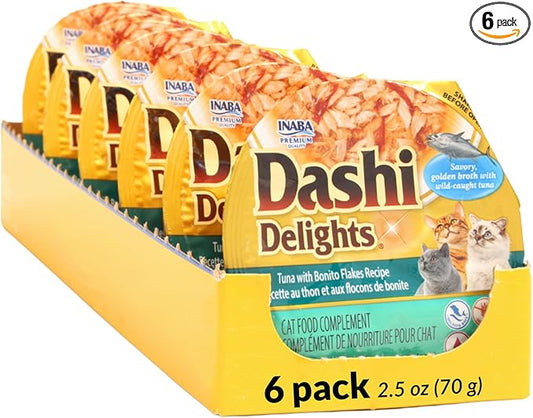 INABA Dashi Delights for Cats, Shredded Tuna Side Dish with Bonito Flake Broth, Cat Food Complement with Taurine & Green Tea Extract, 2.5 Ounce Cup, 6 Cups Total, Tuna with Bonito Flakes Recipe