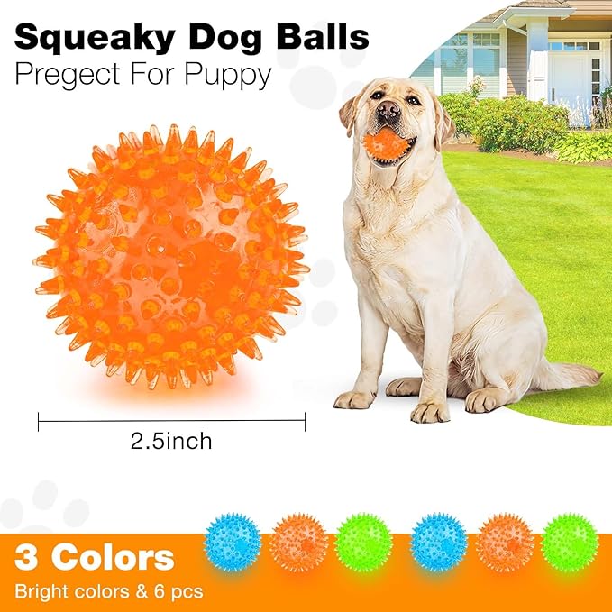 PUPTILY Puppy Toy 2.5” Squeaky Dog Balls Toys and Spikey Dog Ball for Aggressive Chewers for Small Dogs Dog Balls for Clean Teeth and Training （6 Pack