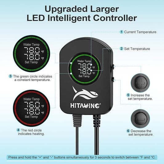 HiTauing Aquarium Heater, 100W/200W/300W/500W Fish Tank Heater with Upgraded LED Large Display, Up/Down Control Buttons and Intelligent Leaving Water Automatic Power-Off for Saltwater and Freshwater