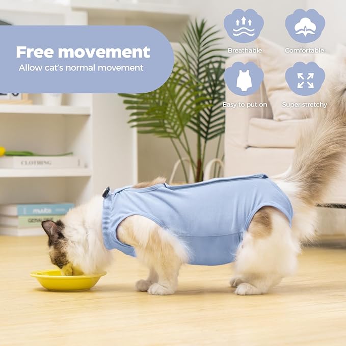 Avont Cat Recovery Sui,Post-Surgery Protective Vest Blue L | Breathable & comfortable cat onesie for cats after surgery female. Soft alternative to cone. Machine washable