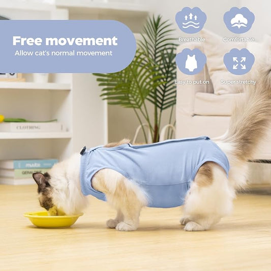 Avont Cat Recovery Sui,Post-Surgery Protective Vest Blue S | Breathable & comfortable cat onesie for cats after surgery female. Soft alternative to cone. Machine washable.