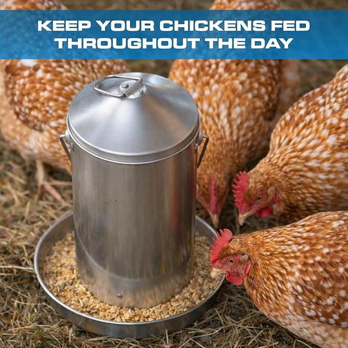 Plexon 8.8 Lb Stainless Steel Hanging Chicken Feeder no Waste Food-Grade - Duck Turkey Poultry Feeder for Chicken Metal - Heavy Duty Reliable Long-Lasting with Handle