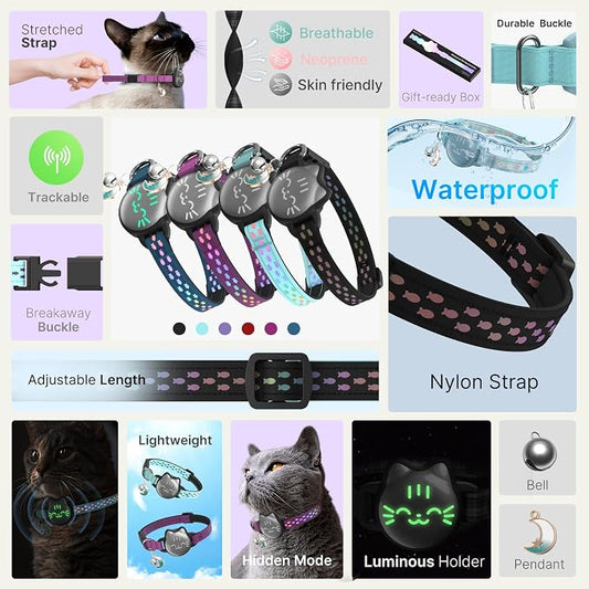 AirTag Cat Collar Breakaway, Reflective Cat Collar Compatible with Apple AirTag 1st & 2nd Gen, Hidden Holder with Bell, Lightweight Water-Resistant Strap for Cats, AirTag Not Included