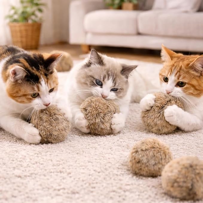 Rabbit Fur Pom-Pom Cat Toys, Soft and Fluffy Catnip-Filled Toy Balls, Perfect for Indoor Cats to Chase and Have Fun, Stimulating Their Hunting Instincts and Enhancing Bonding(3pcs)