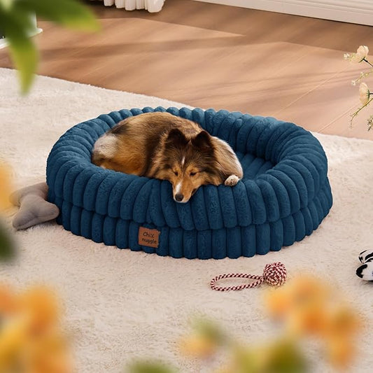 ChiXnuggle Dog Bed Medium Sized Dog - Luxury Striped Faux Fur Waterproof Pet Couch with Removable Washable Cover, Orthopedic Pet Bed with Bolster Sides for Sleeping, Midnight Blue