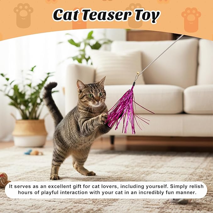 6 Pcs Cat Ribbon Toy, 9 Inches Cat Teaser Wand Toy Replacement with Bell Metallic Foil Tassel Interactive Wand Toys for Indoor Cats Kitten Chase Exercise (Multi Colored)