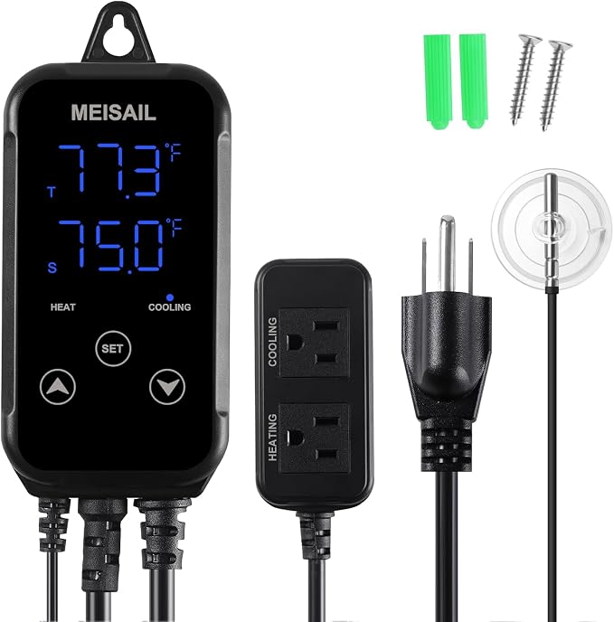 Digital Temperature Controller 2-Stage Outlet Thermostat | Heating and Cooling Mode, Carboy Homebrew Fermenter, Greenhouse Terrarium, 110V 10A, S10B-B