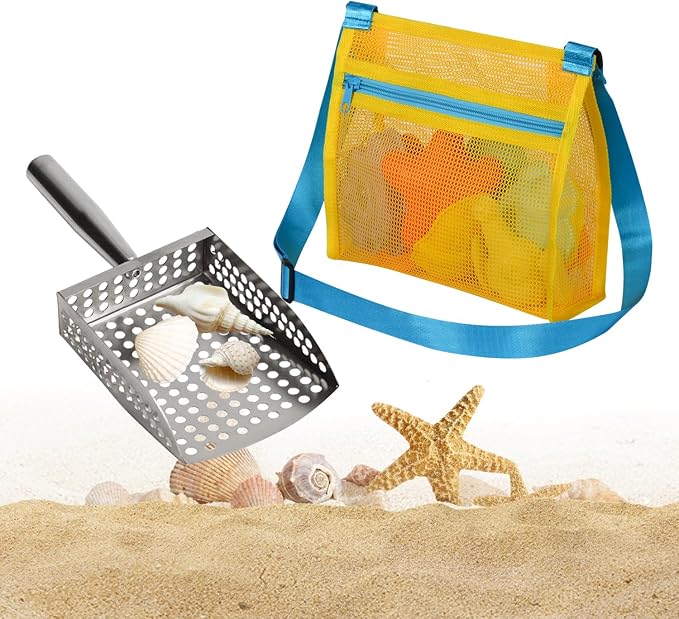 MUYIZI Sand Sifter Shovel with Mesh Beach Bag, Detachable Shell Scooper for Beach,Sand Scoop for Shell Collecting, Shark Teeth Sifter Dipper, Multi-Use Sifting Tool,Beach Toys for Kids (Blue+Yellow)