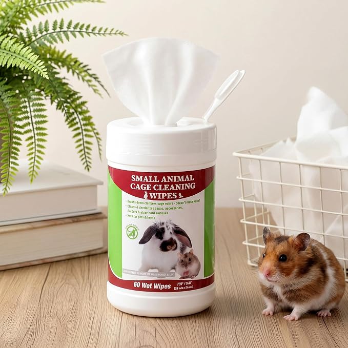 1 Pack Small Animal Cage Wipes 60 Count Small Animal Cage Clean up Wipes Removes Stubborn Caked-on Hamster Cages Cleaner for Pet Bunny Supplies Cleaning Deodorizing