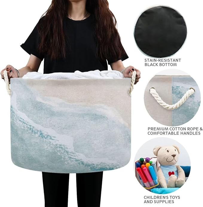 Beach Wave Print Round Storage Basket Blue Sea Ocean Watercolor Wave Large Laundry Hamper 20 x 20 x 14 Inches Organizer Bin with Handles Clothes Storage Bag for Nursery Bedroom Living Room Decor