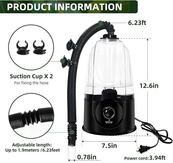 Coospider 3.8L Reptile Fogger Mister, Quiet Reptile Humidifier for Reptiles Tank, Terrarium Humidifiers with Extended Tube, Automatic Reptile Misting System for Reptiles Amphibians Herps Vivarium