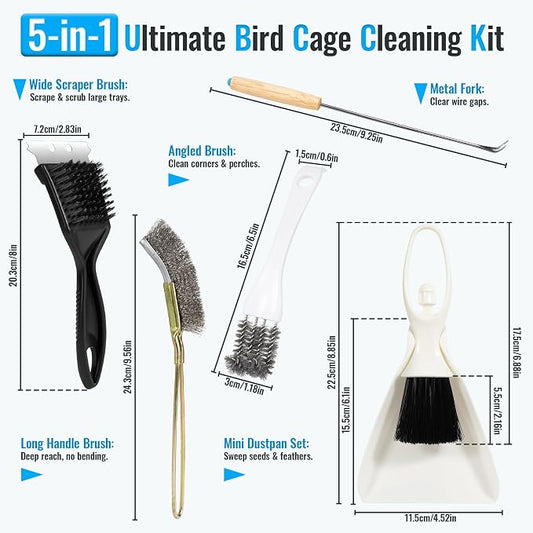 SIMPOR Bird Cage Cleaner Brush Kit, Bird Poop Remover, 5 PCS Cleaning Tools Set with Mini Dustpan, Scraper and Wire Brushes, Bird Cage Accessories for Parrot, Parakeet, Budgie, Cockatiel