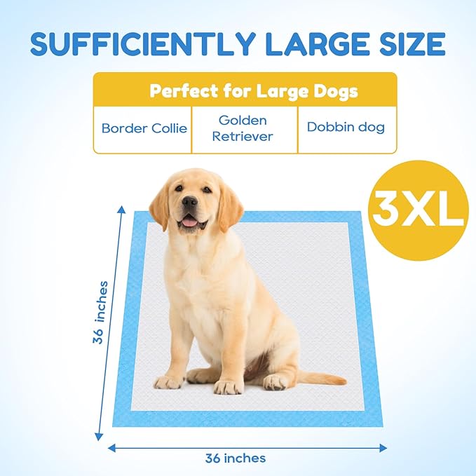 JollyMate Dog Pee Pads Extra Large 36"x36", 30 Pack 3X-Large Super Absorbent Pet Training Pads with Adhesive Tabs, 6 Layers Thick Leak-Proof Potty Pads for Dogs and Puppies