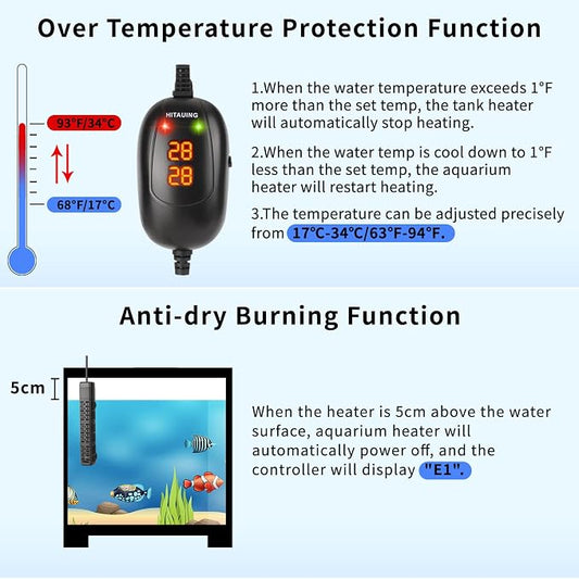 HiTauing Aquarium Heater, 50W/100W/200W/300W/500W Submersible Fish Tank Heater with Over-Temperature Protection and Automatic Power-Off When Leaving Water for Saltwater and Freshwater
