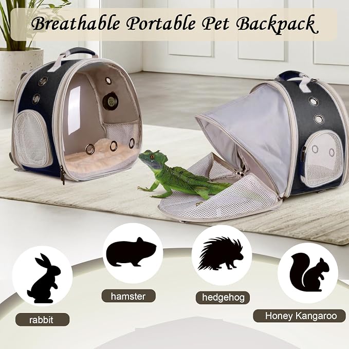 Bearded Dragon Travel Backpack Carrier with Reptile Thermometer and Humidity Gauge Lizard Travel Cage Space Capsule Clear Bubble Window Astronaut Reptile Bag for Ball Python (Black, BE Backpack)