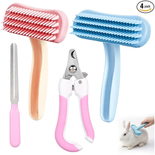 4-Piece Grooming Set Rabbit Brush, Bunny Brush and Guinea Pig Brushes, Soft Silicone Brushes for Small Pets Daily Grooming and Shedding Control,Handles with Ergonomic Design for Sensitive Animals