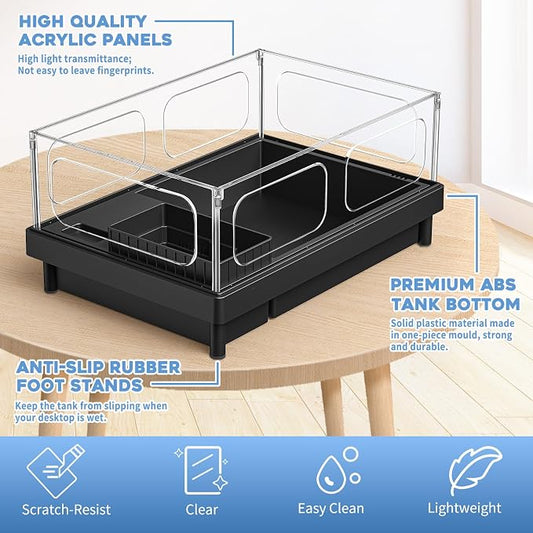 MoonOrange Small Turtle Tank, Aquarium, Acrylic Terrarium with Basking Platform, Bottom Drainage, Multi-Function Areas for Turtles, Crabs, Crayfish, Reptiles (Black+Filter)