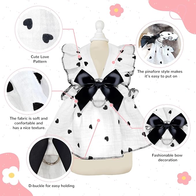 Dog Dresses for Small Dogs Girl Female Dog Cat Clothes Dress Cute Cotton Extra Summer Clothes Bow Decor Printed Love Birthday Outfit Puppy Clothes (Light Pink & Black, X-Small)