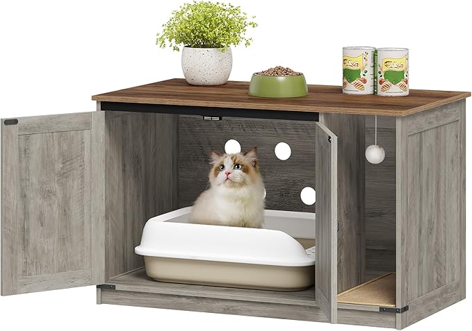 Hzuaneri Cat Litter Box Enclosure, Hidden Litter Box Cabinet Furniture with Bell, Indoor Cats House, Farmhouse Style, 39.4 x 21.7X 24.8 Inches, for Hallway, Bedroom, Greige CB85205X