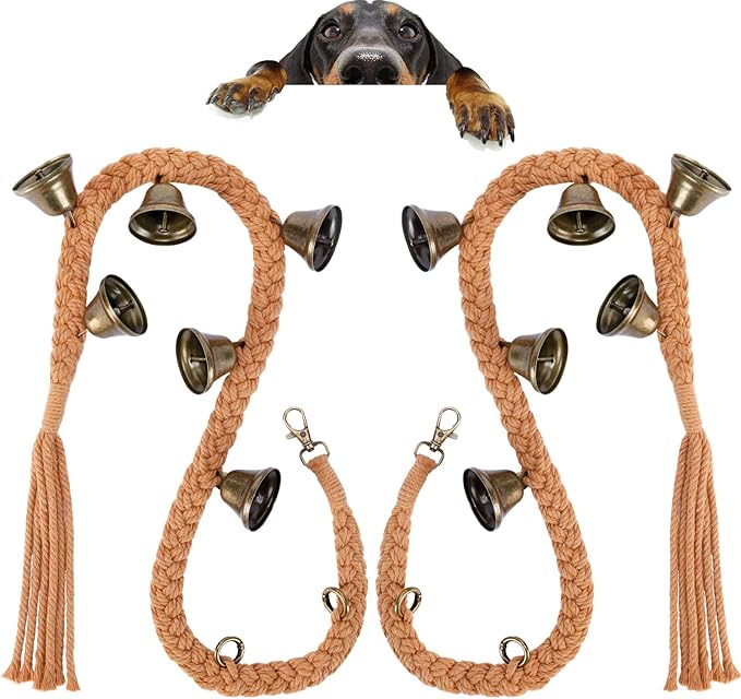 KLOGTSIND 2 Pack Dog Bells for Door Potty Training, Handwoven Cotton Rope Dog Doorbell with 6 Extra Loud Bells, Adjustable Dog Door Bells for Small Medium Large Dogs to Ring to Go Outside, Brown