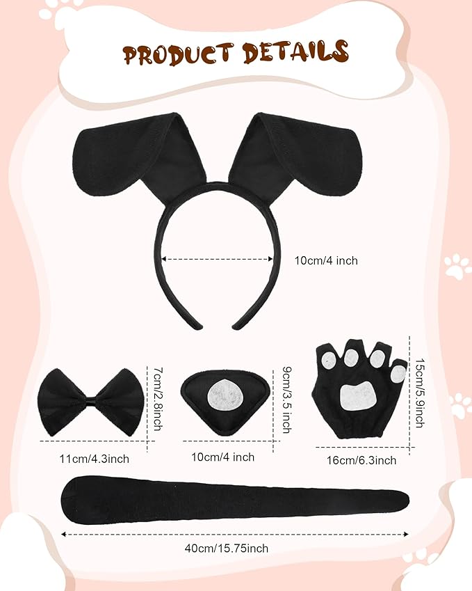 Syhood Puppy Dog Costume Set Ears Headband Bowtie Nose Tail Paw Gloves Accessories for Carnival
