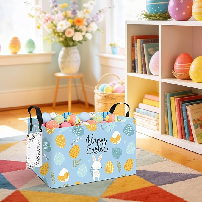 Storage Bins,Nursery Hamper Canvas Laundry Basket Foldable with Waterproof PE Coating Storage Baskets for Boys and Girls, Office, Bedroom, Clothes,Toys(Rec-Easter eggs ）