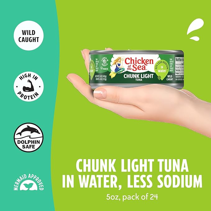 Chicken of the Sea Wild Caught Chunk Light Tuna, 5 Ounce Cans, 24-Count – High Protein 100% Classic Chunk Tuna in Water – Delicious, Easy, Nutritious Ready to Eat Meals, 25% Less Sodium