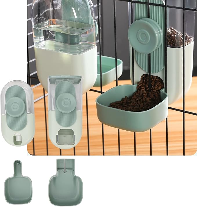 Cage Hanging Automatic Food Water Dispenser, Water Food Bowl for Cage Pet, Dog Cat Feeder and Water Dispenser, Feeding Station for Cats Dogs Ferrets Rabbit Bunny (Mint Green)