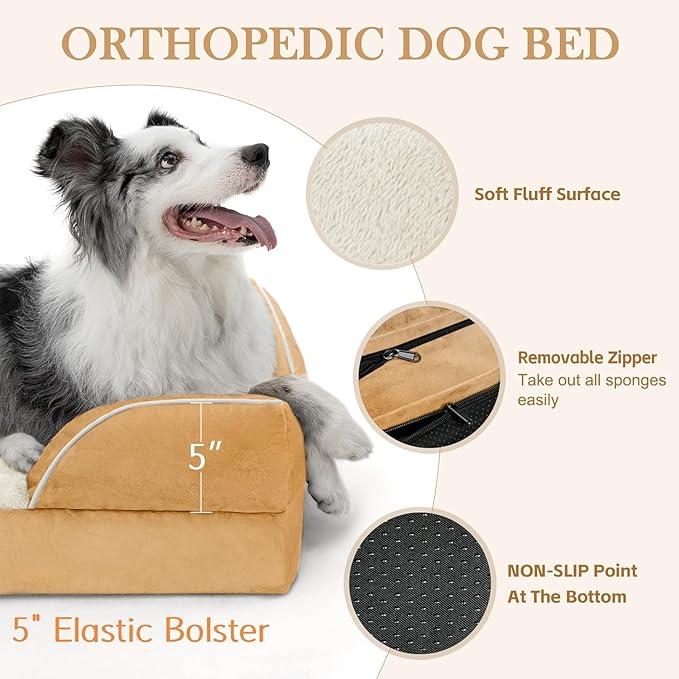 Comfort Expression Orthopedic Dog Bed for Extra Large Dogs with Bolster | Waterproof Dog Couch Bed with Washable Cover & Non-Slip Bottom, Supportive Egg Crate Foam Big Dog Bed, 53x42Inch