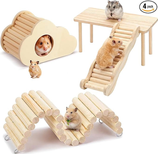4 Pcs Hamster Platforms Wooden Ladder Bendy Bridge Fence Hidden Play House Hamster Game Climbing Toy with Platform Decor Cage Accessories for Dwarf Syrian Mice Degus Gerbils Squirrel Small Pets