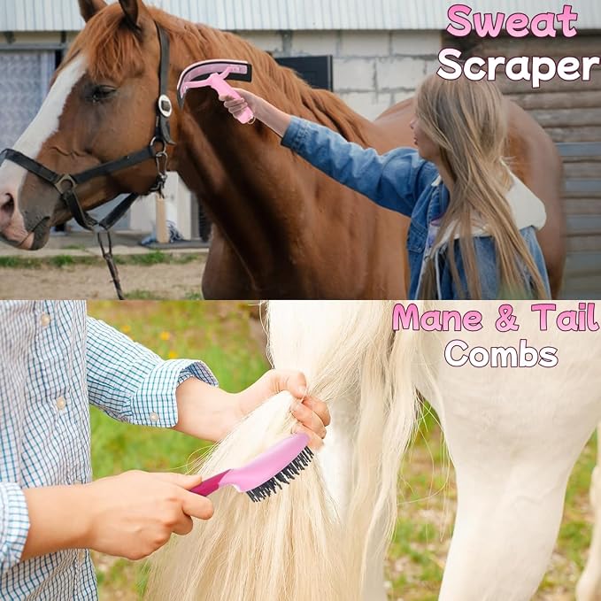 Horse Grooming Kit 12PCS, Horse Brushes for Grooming Supplies with Tote Bag, Horses Tack Brush Set for Effective Grooming and Cleaning, Gift for Horse Riders Beginners